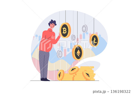Cryptocurrency marketplace concept in modern flat design for web. Man earning ethereum, litecoin and bitcoin at digital wallets, investing digital money in different crypto coins. Vector illustration. 136198322