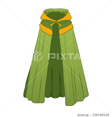 Green magic cloak with hood in flat design. Cape clothing with wavy fabric. Vector illustration isolated. Green magic cloak with hood in flat design. Cape clothing with wavy fabric. Vector illustration isolated. 136198326