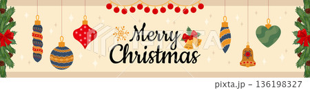 Merry Christmas banner design. Xmas party invitation template with winter hanging balls and toys, fir branches frames with pine cones and red bows, bells and shines, snowflakes. Vector illustration. Merry Christmas banner design. Xmas party invitation template with winter hanging balls and toys, fir branches frames with pine cones and red bows, bells and shines, snowflakes. Vector illustration. 136198327
