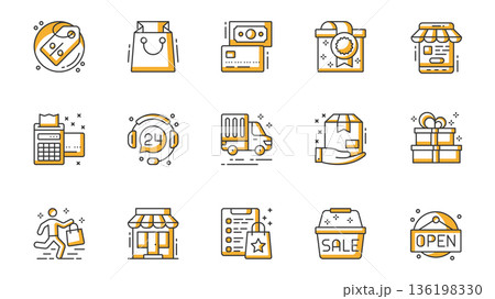E-commerce icons set in outline stroke design for web. Pack line pictograms with discount, price tag, shopping bag, money, credit card, gift, payment, customer support, other. Vector illustration. 136198330