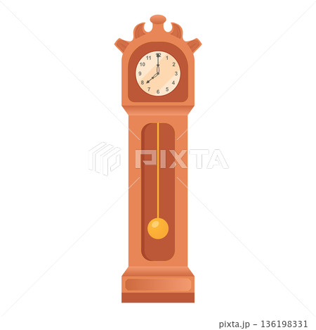 Pendulum clock in flat design. Vintage grandfather wooden floor clock. Vector illustration isolated. 136198331