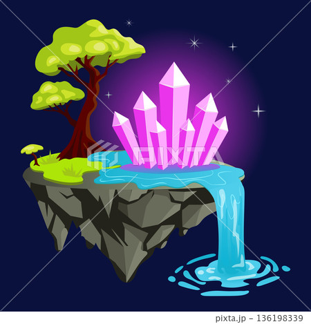 Gaming fantasy island in flat design. Platform with tree, crystals and waterfall. Vector illustration isolated. 136198339