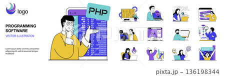 Programming software concept with character situations mega set in flat web design. Bundle of scenes people writing and optimizing code, working with different program languages. Vector illustrations. 136198344