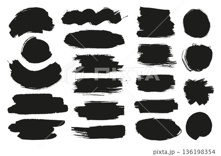Black ink stains mega set elements in flat graphic design. Bundle objects of rough brush stroke patterns and dirty paint blobs with grunge edges in different abstract forms. Vector illustration. Black ink stains mega set elements in flat graphic design. Bundle objects of rough brush stroke patterns and dirty paint blobs with grunge edges in different abstract forms. Vector illustration. 136198354
