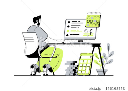 Planning financial budget web concept with flat cartoon people for website design. Man making financial statistics analysis and auditing personal finance with investment strategy. Vector illustration. Planning financial budget web concept with flat cartoon people for website design. Man making financial statistics analysis and auditing personal finance with investment strategy. Vector illustration. 136198358