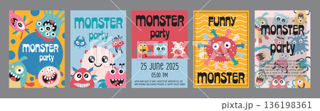 Monster party typography template posters. Vertical covers with colourful comic aliens and cute mascots for kids holiday invitation. Modern banners set in minimalism design. Vector illustration. 136198361