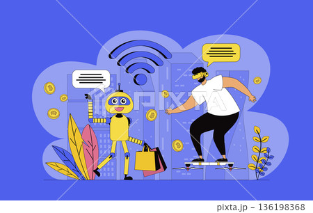 Futuristic megalopolis concept with modern flat design for web. Man using vr headset and flying drones, living in smart city with wireless technologies and robot assistants. Vector illustration. Futuristic megalopolis concept with modern flat design for web. Man using vr headset and flying drones, living in smart city with wireless technologies and robot assistants. Vector illustration. 136198368