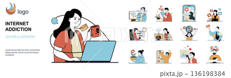 Internet addiction concept with character situations mega set in flat web design. Bundle of scenes people have bad habit to internet surfing, overload and screen time problem. Vector illustrations. 136198384