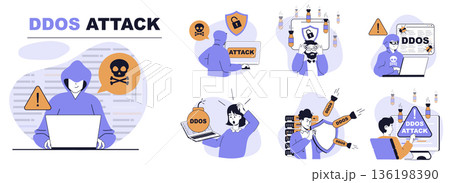 DDoS attack concept set in flat web design. People in isolated scenes suffering from danger overload network traffic and trying protection form hacker digital bombs and viruses. Vector illustrations. 136198390