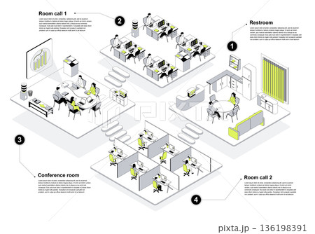 Call center 3d isometric concept in outline design for web. People working in isometry rooms as technical support operators in office with work areas and rest rooms interiors. Vector illustration. Call center 3d isometric concept in outline design for web. People working in isometry rooms as technical support operators in office with work areas and rest rooms interiors. Vector illustration. 136198391