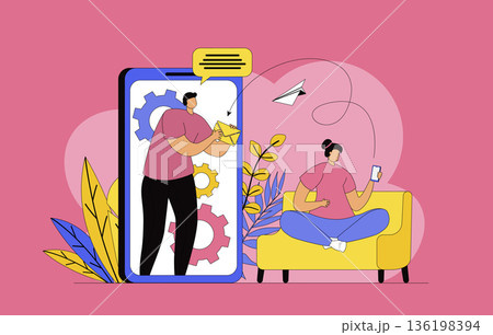 Mobile email service concept with modern flat design for web. Woman writing new digital letter and sending in smartphone app, man receiving new mail and mailbox notifications. Vector illustration. 136198394