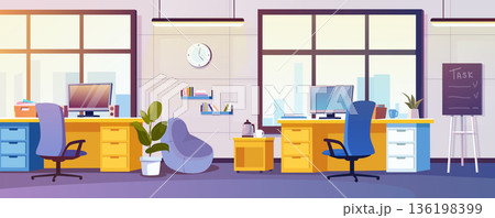 Coworking interior background for banner design. Empty open office with computers on desks and chairs, armchair by table with coffee break, big windows, tasks board, decor. Vector cartoon illustration 136198399