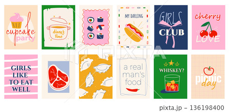 Cooking food cover typography template for posters, prints. Minimalistic banners set with cupcake party, dinner time, sushi, hot dog, cherry, meat, whiskey, picnic day, quotes. Vector illustration. Cooking food cover typography template for posters, prints. Minimalistic banners set with cupcake party, dinner time, sushi, hot dog, cherry, meat, whiskey, picnic day, quotes. Vector illustration. 136198400