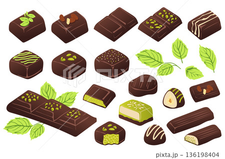 Dubai chocolate set in flat graphic design. Collection isolated elements with dark cocoa candies with green pistachio cream filling, pieces bar or slices, trendy arabian dessert. Vector illustration. 136198404