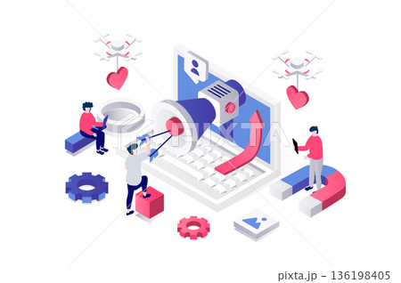 Social media marketing 3d isometric concept in geometry graphic design for web. People making online advertisement, promotion campaign, create branding, attract new customers. Vector illustration. 136198405