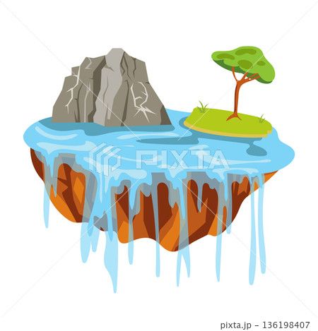 Flying ground island in flat design. Level platform with rocks, tree, pouring water. Vector illustration isolated. Flying ground island in flat design. Level platform with rocks, tree, pouring water. Vector illustration isolated. 136198407