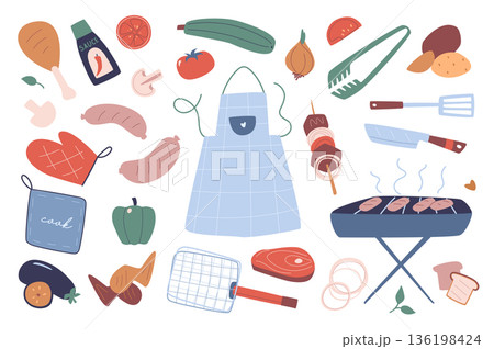 Barbecue and picnic set in flat graphic design. Collection isolated elements of apron, grill, steak meat, sausage, sauce, chicken leg and wings, vegetables, spatula, knife, other. Vector illustration. 136198424
