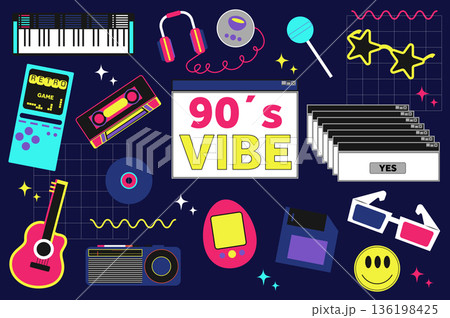 Retro hippie stickers set in flat graphic design. Collection elements of keyboard, headphone, music player, lollipop, eyeglass, cassette, vinyl disk, other nostalgia 90s signs. Vector illustration. 136198425