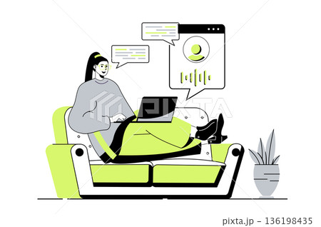 Virtual assistant web concept with flat cartoon people for website design. Woman chatting and speaking with artificial intelligence voice agent from technical support service. Vector illustration. 136198435