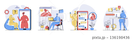 Customer service concept set in flat design for web. Collection with people answering clients video calling, chatting online and consulting at helpline, solving tech problems. Vector illustrations. 136198436
