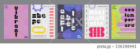 Minimalism geometric poster cover set. A4 banners with brutalism simple forms, line circle fractals, dots grids, abstract shape elements. Modernism art design with Y2K aesthetics. Vector illustration. 136198441