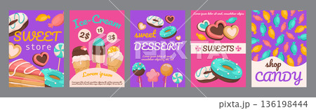 Sweets store typography template posters. Vertical covers with icing cookies, ice cream, lollipops, cakes, delicious desserts and pastry. Modern banners set in minimalism design. Vector illustration. 136198444
