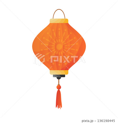 Chinese lantern in flat design. Festive red paper lamp with tassels for holiday. Vector illustration isolated. 136198445