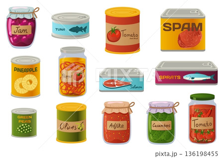 Cans preserved products set in flat graphic design. Collection isolated elements of glass and aluminum packing with jam, tuna, tomato, pineapple, salmon, green peas, olive, other. Vector illustration. Cans preserved products set in flat graphic design. Collection isolated elements of glass and aluminum packing with jam, tuna, tomato, pineapple, salmon, green peas, olive, other. Vector illustration. 136198455