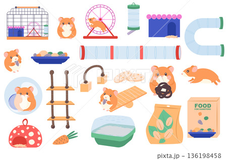 Hamster and pet accessories set elements in flat graphic design. Collection of cute domestic rodent, cage, feeder, drinker, food package, wheel, tunnel, ladder, toys and other. Vector illustration. 136198458