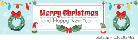 Merry Christmas banner design. Xmas party invitation template with pine branches wreath with red bows, garlands with balls and toys, holly, cute gnomes in hats, snowflakes fly. Vector illustration. 136198462
