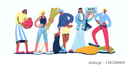 Healthy diet concept in cartoon web design. People control nutrition, counting calories, planning menu, eating fresh fruits and vegetables. Flat vector illustration isolated on white background. Healthy diet concept in cartoon web design. People control nutrition, counting calories, planning menu, eating fresh fruits and vegetables. Flat vector illustration isolated on white background. 136198464