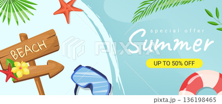 Summer horizontal sale banner. Shopping promotion poster template with tropical palm leaves, hibiscus flower, starfish, diving mask, inflatable simring, beach signpost arrow. Vector illustration. 136198465