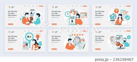 Recruitment concept of landing page with slide templates set in flat design. Website headers with people finding staff, searching best cv online, interviewing candidates, hiring. Vector illustrations. 136198467