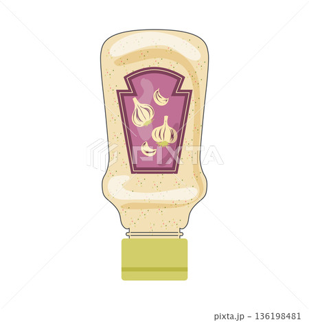 Garlic sauce in bottle in flat design. Hot condiment, cooking relish product. Vector illustration isolated. 136198481