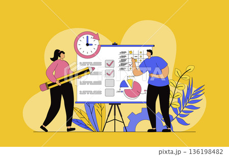 Planning concept with modern flat design for web. Woman and man organizing workflow and creating list of tasks, marking dates on calendar, using time management tools for work. Vector illustration. 136198482