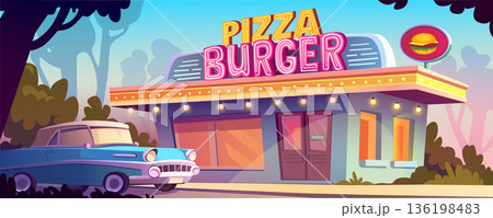 Street landscape with pizza cafe background banner for game design. Urban cityscape with retro cafeteria building exterior with big windows, vintage blue car, green trees. Vector cartoon illustration 136198483
