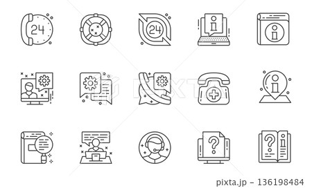 Customer service icons set in outline stroke design for web. Pack line pictograms with client call, information, online assistance, help, message, solution, support chat, other. Vector illustration. 136198484