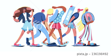 Grocery store shopping concept in cartoon web design. People buying sausages, meat, milk, bread loaf, lemons and other food products at market. Flat vector illustration isolated on white background. 136198492