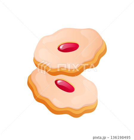 Icing cookies with jam in flat design. Frosted round desserts, bakery sweets. Vector illustration isolated. 136198495
