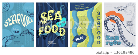 Seafood cover typography template for advertising design. Food posters and greeting cards with octopus, crabs, fishes, shrimps, mollusc and others for restaurant or shop menu. Vector illustration. Seafood cover typography template for advertising design. Food posters and greeting cards with octopus, crabs, fishes, shrimps, mollusc and others for restaurant or shop menu. Vector illustration. 136198496