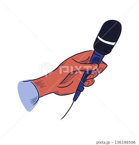 Podcast microphone in flat design. Journalist hand holding mic for record. Vector illustration isolated. 136198506