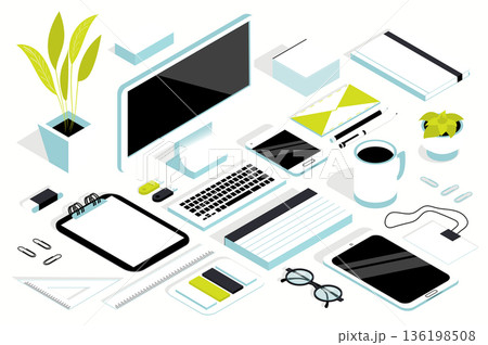 Stationary 3d isometric mega set in isometry graphic design. Collection elements of laptop, notebook, rulers, plant, smartphone, glasses, coffee cup, clips, pencils, notes, other. Vector illustration. Stationary 3d isometric mega set in isometry graphic design. Collection elements of laptop, notebook, rulers, plant, smartphone, glasses, coffee cup, clips, pencils, notes, other. Vector illustration. 136198508