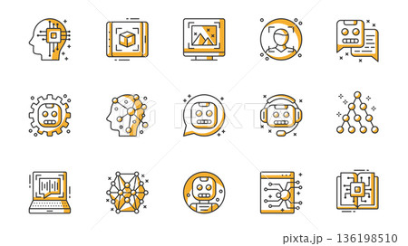 Artificial intelligence icons set in outline stroke design for web. Pack line pictograms with ai, image recognition, face detection, chat with chatbot, machine learning, other. Vector illustration. Artificial intelligence icons set in outline stroke design for web. Pack line pictograms with ai, image recognition, face detection, chat with chatbot, machine learning, other. Vector illustration. 136198510