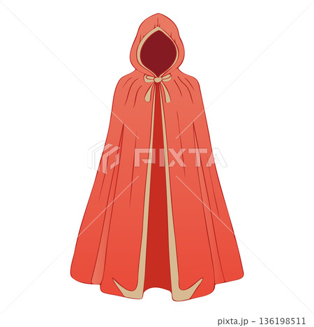 Red magic cloak with hood in flat design. Flowing textile cape clothing. Vector illustration isolated. Red magic cloak with hood in flat design. Flowing textile cape clothing. Vector illustration isolated. 136198511