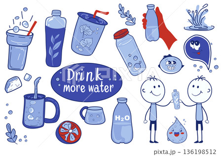 Drinking water stickers set elements in flat graphic design. Collection of fresh blue liquid in cups, bottles, glass with straw, friends drinks beverage, groovy drops, others. Vector illustration. Drinking water stickers set elements in flat graphic design. Collection of fresh blue liquid in cups, bottles, glass with straw, friends drinks beverage, groovy drops, others. Vector illustration. 136198512