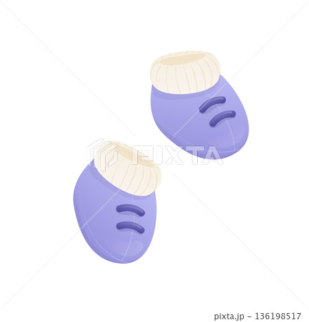 Blue baby booties in flat design. Small knitted shoes for newborn boy. Vector illustration isolated. 136198517
