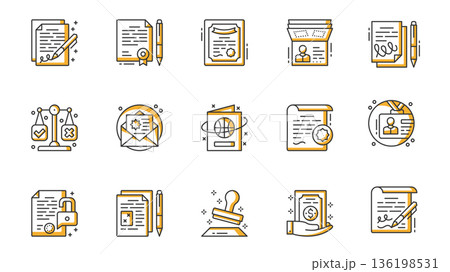 Legal documents icons set in outline stroke design for web. Pack line pictograms with signing contract, certificate, diploma, passport, justice scales, letter, id, stamp, other. Vector illustration. Legal documents icons set in outline stroke design for web. Pack line pictograms with signing contract, certificate, diploma, passport, justice scales, letter, id, stamp, other. Vector illustration. 136198531
