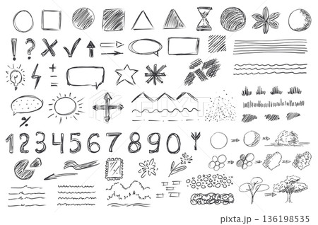 Geometric shapes mega set elements in hand drawn flat graphic design. Bundle objects of circles, squares, triangles, flowers, marks, cross, tick, arrows, speech bubble and other. Vector illustration. Geometric shapes mega set elements in hand drawn flat graphic design. Bundle objects of circles, squares, triangles, flowers, marks, cross, tick, arrows, speech bubble and other. Vector illustration. 136198535