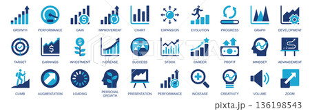 Growth icon set in flat duotone solid icons web design. Pack pictograms with performance, gain, improvement, expansion, evolution, progress, graph, earning, investment, other. Vector illustration. Growth icon set in flat duotone solid icons web design. Pack pictograms with performance, gain, improvement, expansion, evolution, progress, graph, earning, investment, other. Vector illustration. 136198543