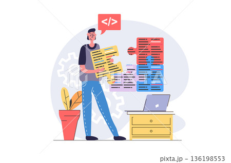 Programmers concept in modern flat design for web. Developer working with program code at laptop, engineering and improving products, brainstorming and finding best solutions. Vector illustration. 136198553